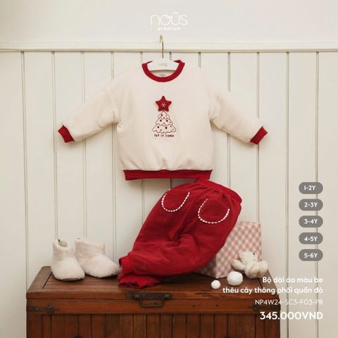 Bộ dài áo màu be thêu cây thông phối quần đỏ Nous Noel