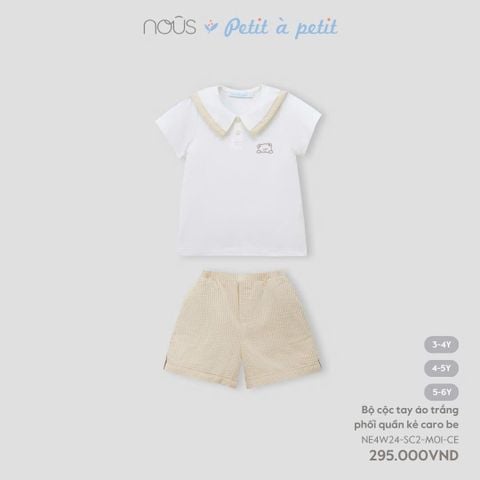 Bộ cộc tay áo trắng phối quần kẻ caro be Nous KID