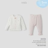 Bộ cài thẳng dài Nous Petit áo trắng in cherry phối quần kẻ hồng NB