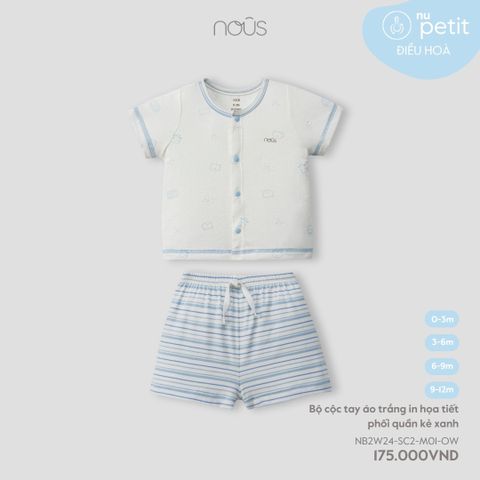 Bộ cài thẳng cộc tay Nous Petit áo trắng in họa tiết phối quần kẻ xanh