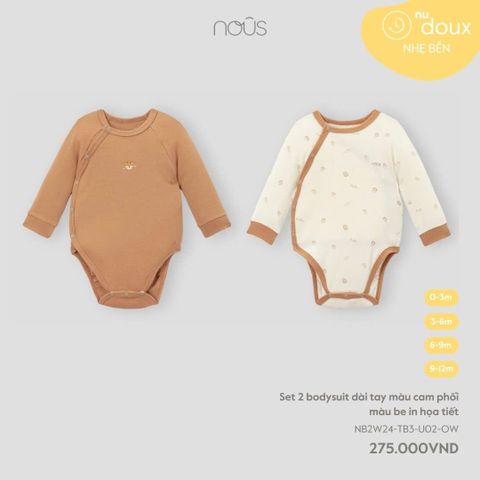 Set 2 bodysuit dài tay màu cam phối màu be in họa tiết Nous Doux