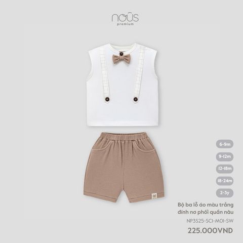 Bộ ba lỗ áo màu trắng đính nơ phối quần nâu Nous Premium