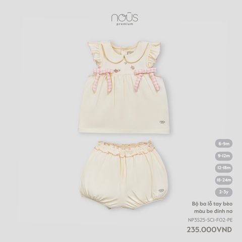 Bộ ba lỗ tay bèo màu be đính nơ Nous Premium