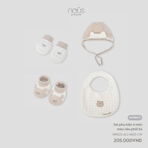 Set phụ kiện 4 món màu nâu phối kẻ NB Nous ( Gấu )