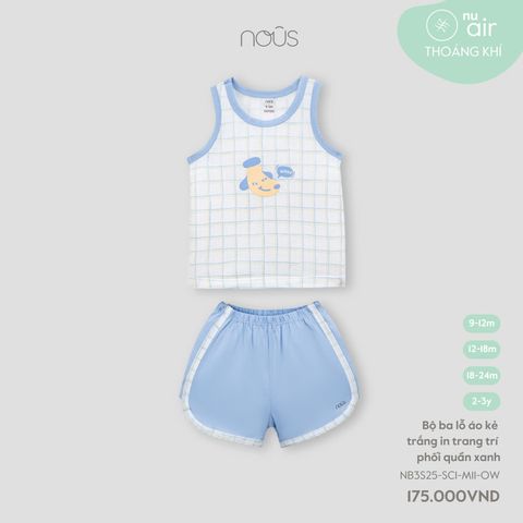 Bộ ba lỗ áo kẻ trắng in trang trí phối quần xanh Nous Air ( Woof )