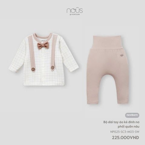 Bộ dài tay áo kẻ đính nơ phối quần nâu NB Premium