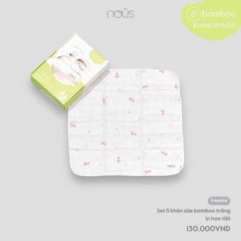 Set 5 khăn sữa bamboo trắng hoạ tiết thỏ hồng Nous