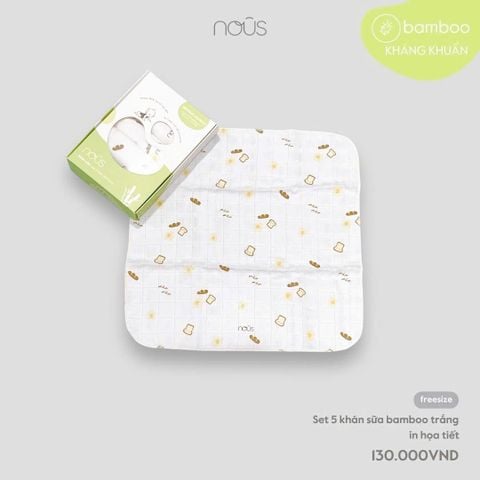 Set 5 khăn sữa bamboo màu trắng in hoạ tiết ( Bánh mì ) Nous