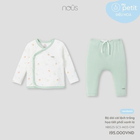 Bộ dài cài lệch trắng họa tiết phối xanh lá NB Nous Petit ( gấu - ôtô )