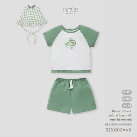 Bộ cộc cài vai màu trắng phối xanh lá kèm mũ Nous Premium ( Caro Bơ )