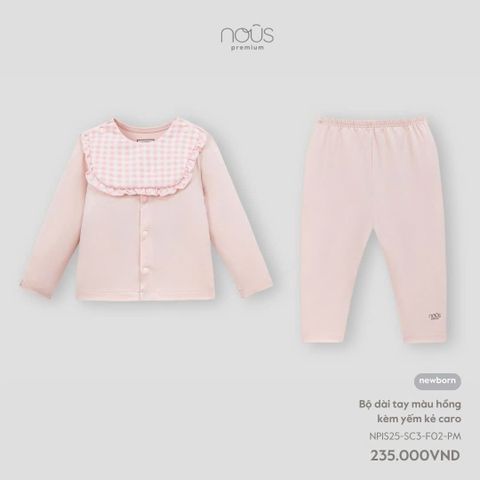 Bộ dài tay màu hồng kèm yếm kẻ caro NB Nous Premium