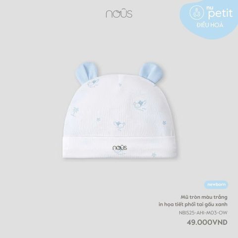 Mũ tròn màu trắng in họa tiết phối tai gấu xanh NB Nous Petit ( Rùa )