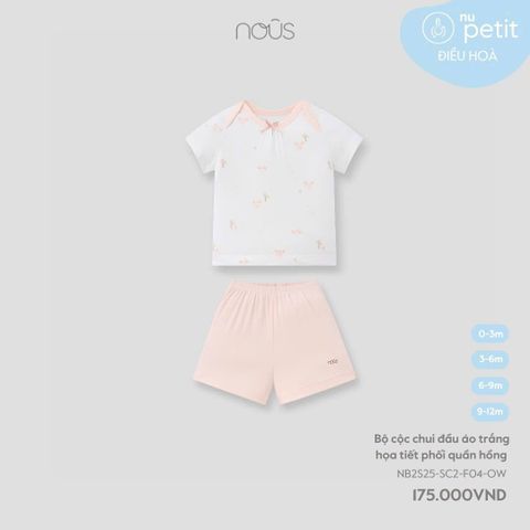 Bộ cộc chui đầu áo trắng hoạ tiết phối quần hồng Nous Petit ( đính nơ )