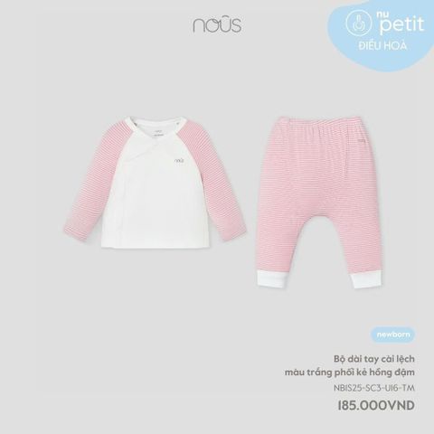 Bộ dài tay cài lệch màu trắng phối kẻ hồng đậm NB Nous Petit