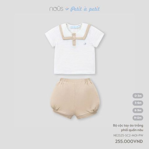 Bộ cộc tay áo trắng phối quần nâu Nous Petit à petit (cổ thuỷ thủ)