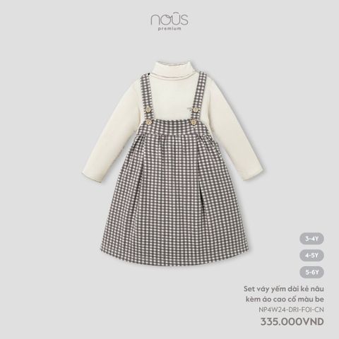 Set váy yếm dài kẻ nâu kèm áo cao cổ màu be Nous
