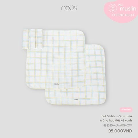 Set 5 khăn sữa muslin trắng họa tiết kẻ xanh Nous Muslin