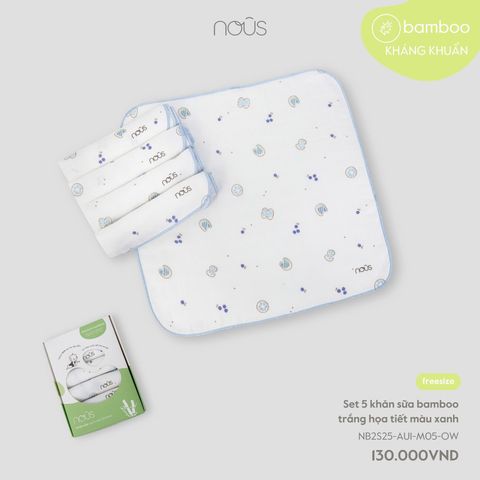 Set 5 khăn sữa bamboo trắng họa tiết màu xanh Nous