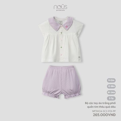 Bộ cộc tay áo trắng phối quần tím thêu quả dâu Nous Premium