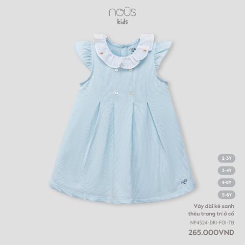 Váy Nous Kid kẻ xanh thêu trang trí ở cổ