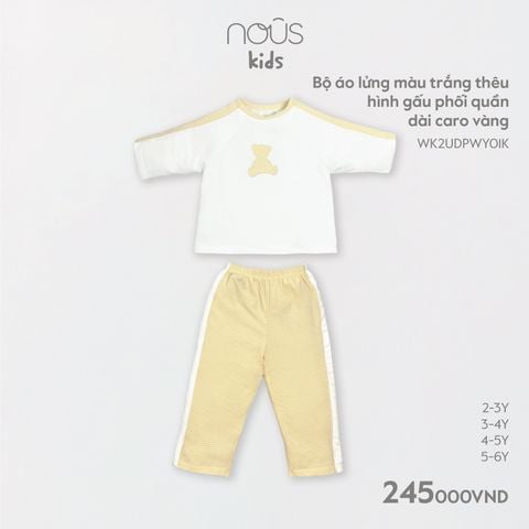 Bộ Nous Kid áo lửng màu trắng thêu hình gấu phối quần dài kẻ caro