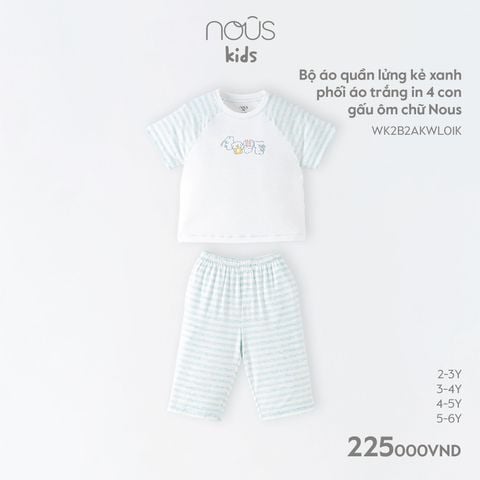 Bộ áo quần lửng kẻ Nous Kid phối áo trắng in 4 con gấu ôm chữ Nous