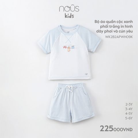 Bộ áo quần cộc Nous Kid xanh phối trắng in hình dây phơi và cún yêu