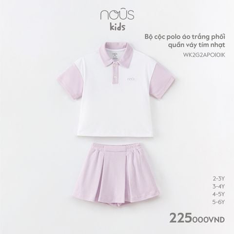 Bộ cộc polo Nous Kid áo trắng phối quần váy tím nhạt