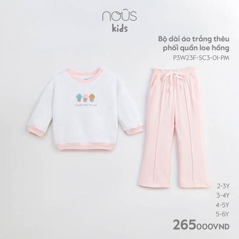 Bộ dài Nous Kid áo trắng thêu phối quần loe hồng