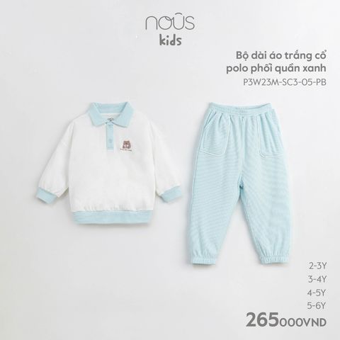 Bộ dài Nous Kid áo trắng cổ polo phối quần xanh