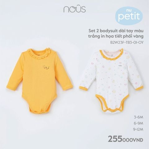 Set 2 bodysuit dài tay Nous petit màu trắng in họa tiết phối vàng