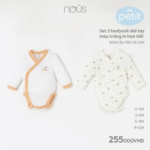 Set 2 bodysuit dài tay Nous petit màu trắng in họa tiết