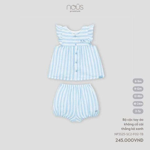 Bộ cộc tay áo không cổ cài thẳng kẻ xanh Nous Party