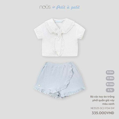 Bộ cộc tay áo trắng phối quần giả váy màu xanh Nous Party