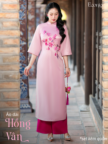 Set áo dài cách tân nữ đính kết Econice Hồng Vân