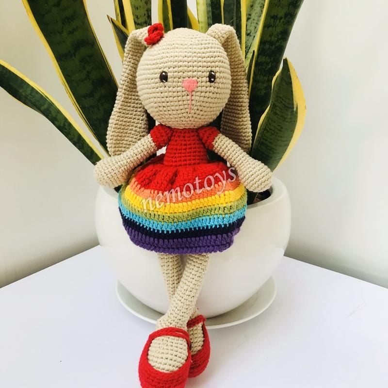  THỎ CẦU VỒNG - 35CM -Thú bông bằng len handmade, Thú len nhồi bông Amigurumi, Búp bê len handmade cao cấp NemoToys 