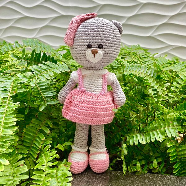  GẤU XÁM VÁY HỒNG (30CM)- Thú bông bằng len handmade, Thú len Amigurumi, Búp bê len handmade 