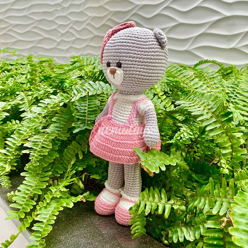  GẤU XÁM VÁY HỒNG (30CM)- Thú bông bằng len handmade, Thú len Amigurumi, Búp bê len handmade 