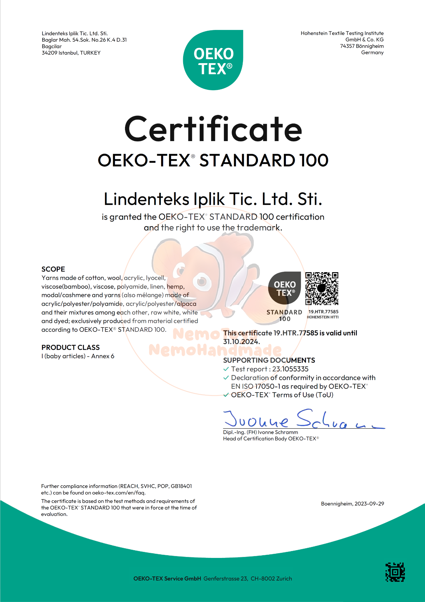  Chứng nhận EOKO-TEXT STANDARD 100 len JEANS của hãng YarnArt 