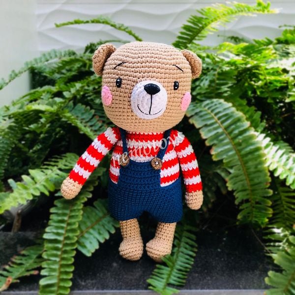  GẤU ÁO SỌC ĐỎ (30CM) - Thú bông bằng len handmade, Thú len Amigurumi, Búp bê len handmade 