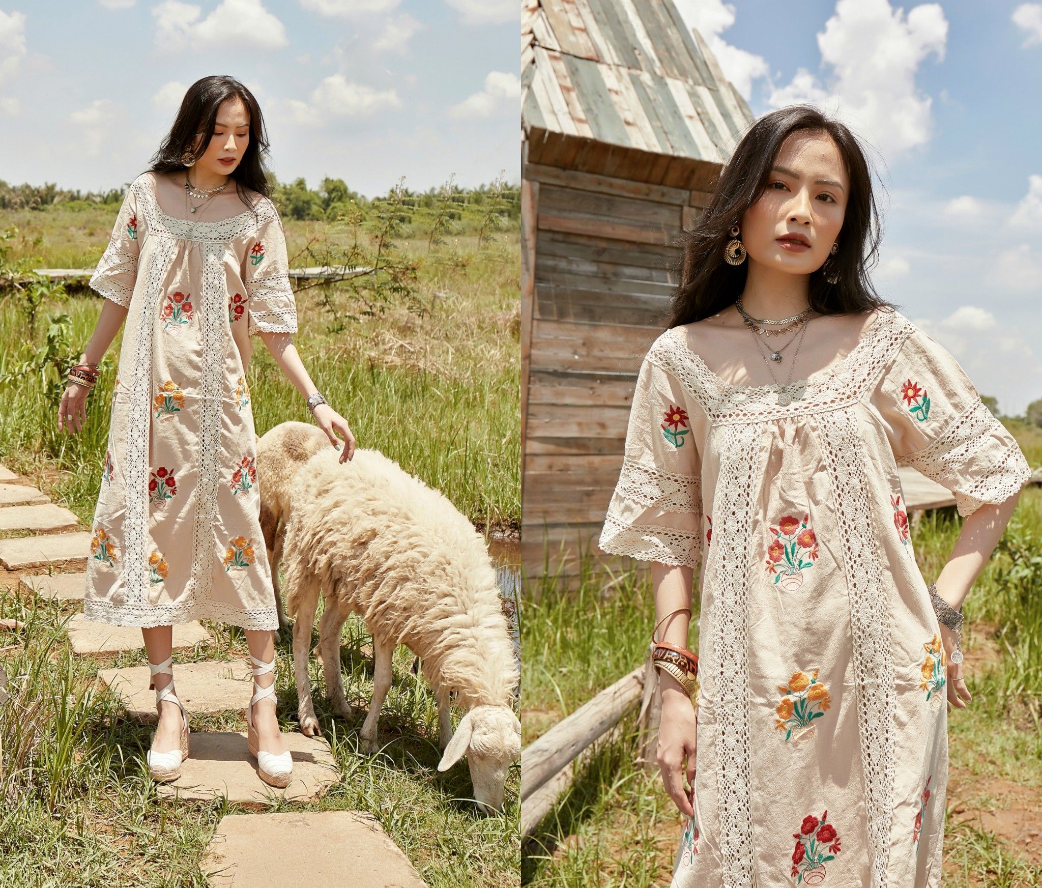 Váy Smock bé gái Oli River KID tay cánh tiên thêu hoa hồng chất liệu vải #38 Váy Smock bé gái Oli River KID tay cánh tiên thêu hoa hồng chất liệu vải