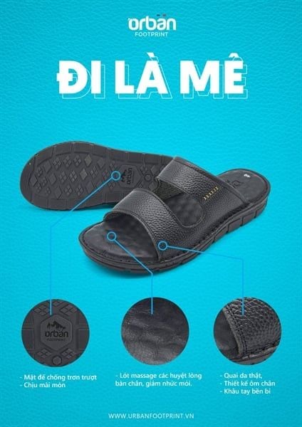 Dép nam khâu đế Urban quai da bò thật - Đen