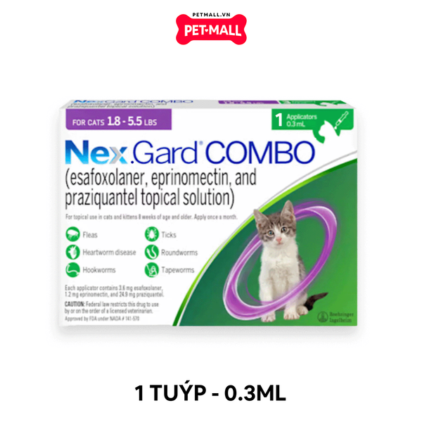 1 Tuýp 0.3ML  -Nhỏ gáy Nexgard Combo for Cats <2.5kg - Ngăn ngừa ve, bọ chét, giun, sán và kí sinh trùng Petmall