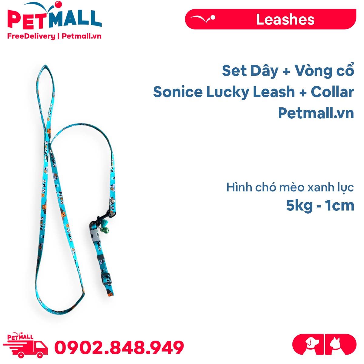 Set Dây + Vòng cổ Sonice Lucky Leash + Collar 5kg - 1cm Hình chó mèo xanh lục Petmall