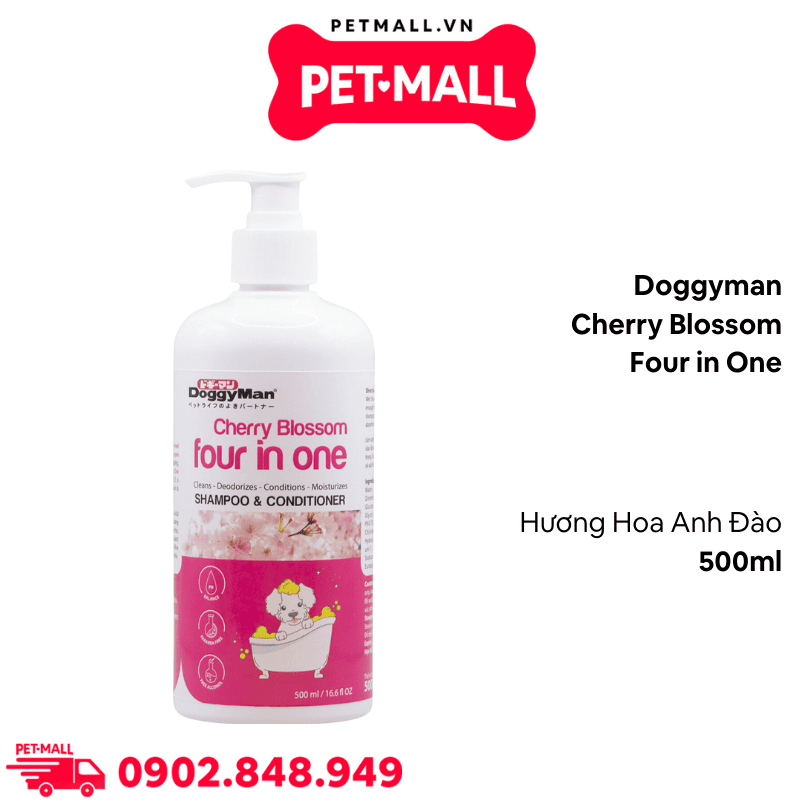 Sữa tắm Doggyman Cherry Blossom Four in One 500ml - Hương hoa Anh Đào, làm sạch, khử mùi, cấp ẩm cho chó Petmall