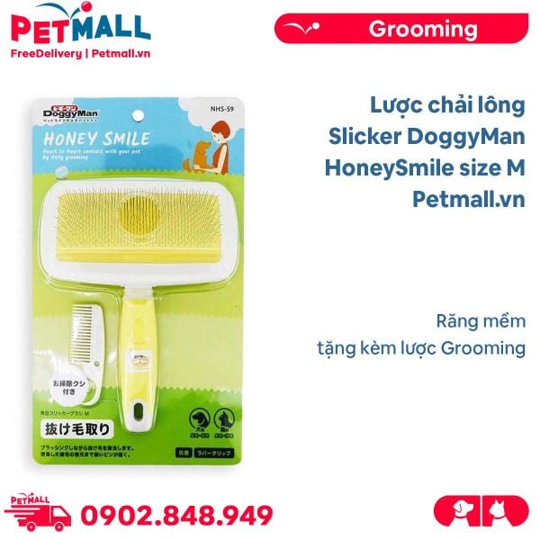 Lược chải lông Slicker DoggyMan HoneySmile size M - Răng mềm, tặng kèm lược Grooming Petmall