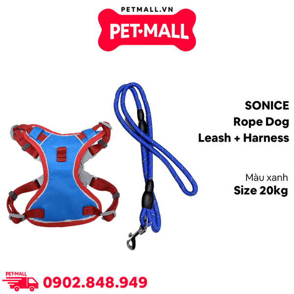 Set dây dắt + yếm SONICE Rope dog leash + harness size 20kg - Xanh Petmall