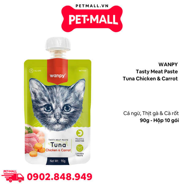 Hộp 10 Gói 90G - Treats mèo dạng nắp vặn WANPY Tasty Meat Paste Tuna Chicken & Carrot - Cá Ngừ, Thịt Gà & Cà Rốt Petmall