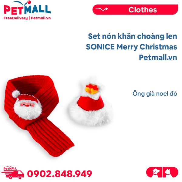 Set nón khăn choàng len SONICE Merry Christmas - Ông già noel đỏ Petmall
