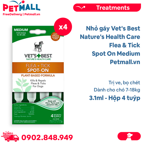 Nhỏ gáy Vet's Best Nature's Health Care Flea & Tick Spot On Medium 3.1ml - Hộp 4 tuýp - Trị ve, bọ chét cho chó 7-18kg Petmall
